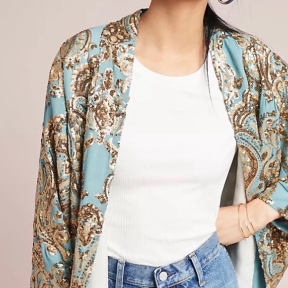 💛All that glitters …is gold … Anthro gold sequin kimono. Sz.MLNWT 🎄HolidayReady! - Picture 10 of 16